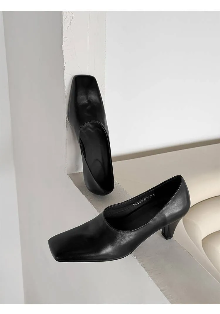 Spring single shoes, square toe, chunky heel, high heel, deep opening, slip-on, minimalist fashion women's shoes