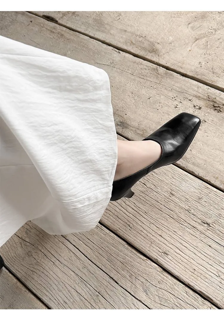 Spring single shoes, square toe, chunky heel, high heel, deep opening, slip-on, minimalist fashion women's shoes