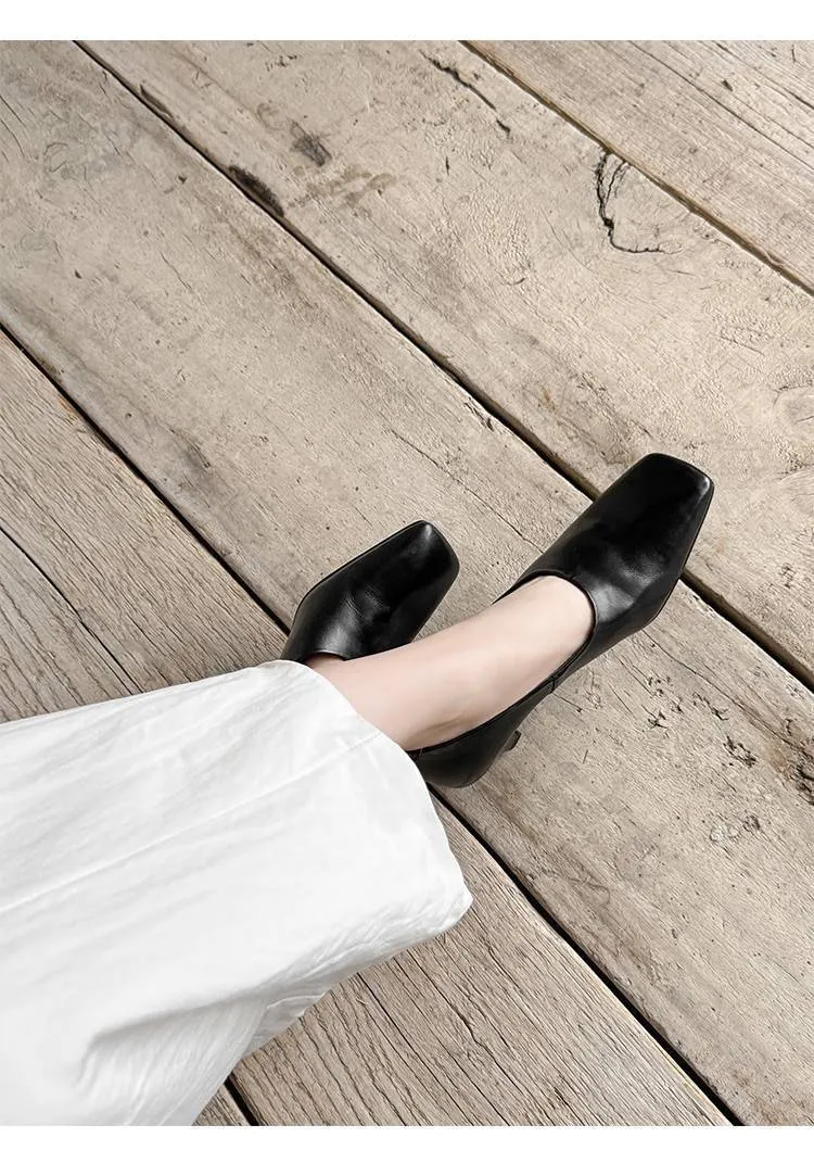 Spring single shoes, square toe, chunky heel, high heel, deep opening, slip-on, minimalist fashion women's shoes