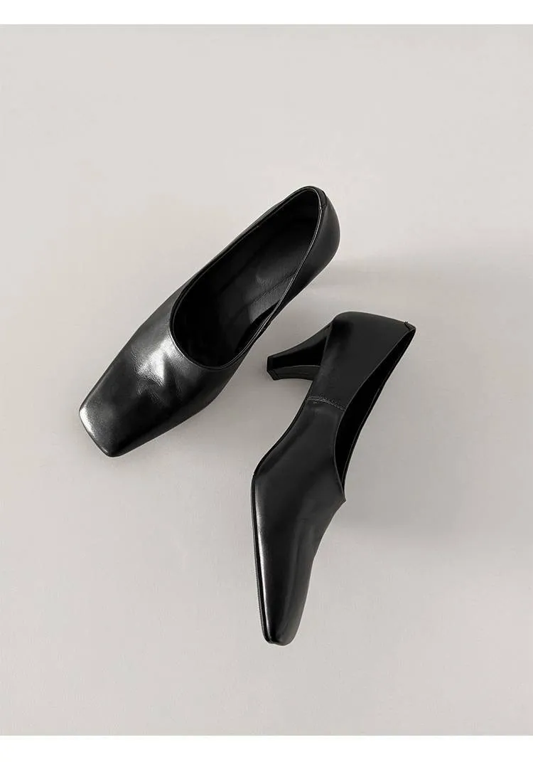 Spring single shoes, square toe, chunky heel, high heel, deep opening, slip-on, minimalist fashion women's shoes