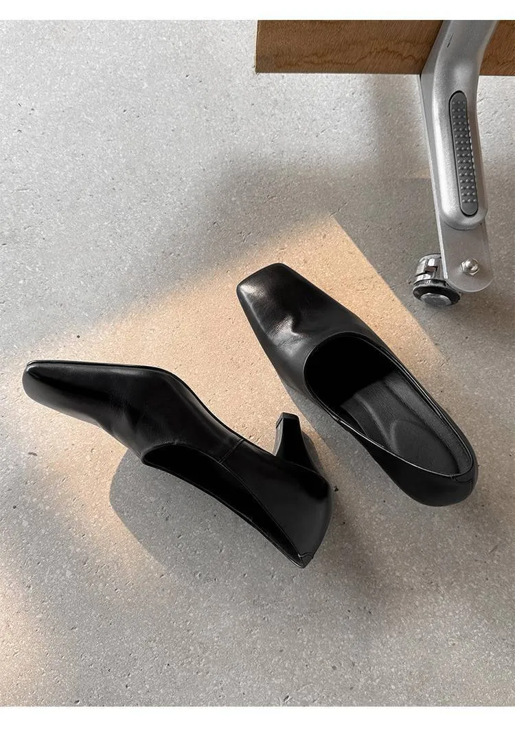 Spring single shoes, square toe, chunky heel, high heel, deep opening, slip-on, minimalist fashion women's shoes