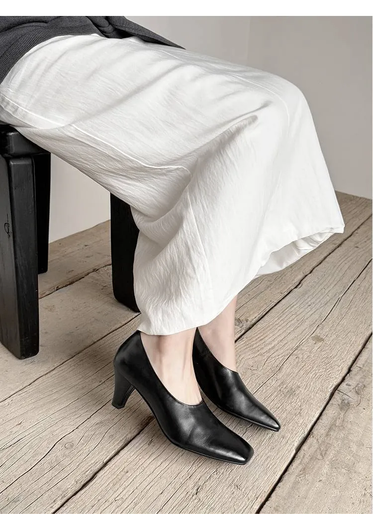 Spring single shoes, square toe, chunky heel, high heel, deep opening, slip-on, minimalist fashion women's shoes