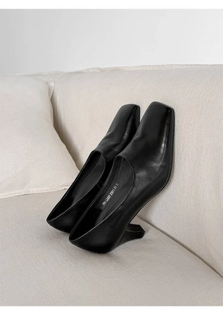 Spring single shoes, square toe, chunky heel, high heel, deep opening, slip-on, minimalist fashion women's shoes