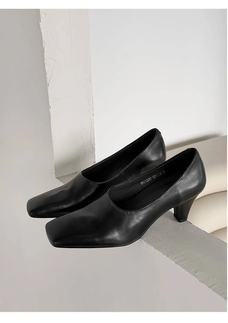 Spring single shoes, square toe, chunky heel, high heel, deep opening, slip-on, minimalist fashion women's shoes