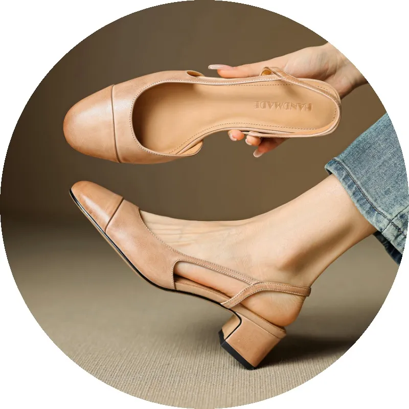 Summer sandals, round toe, chunky heel, mid-heel, closed toe, fashion leather women's shoes