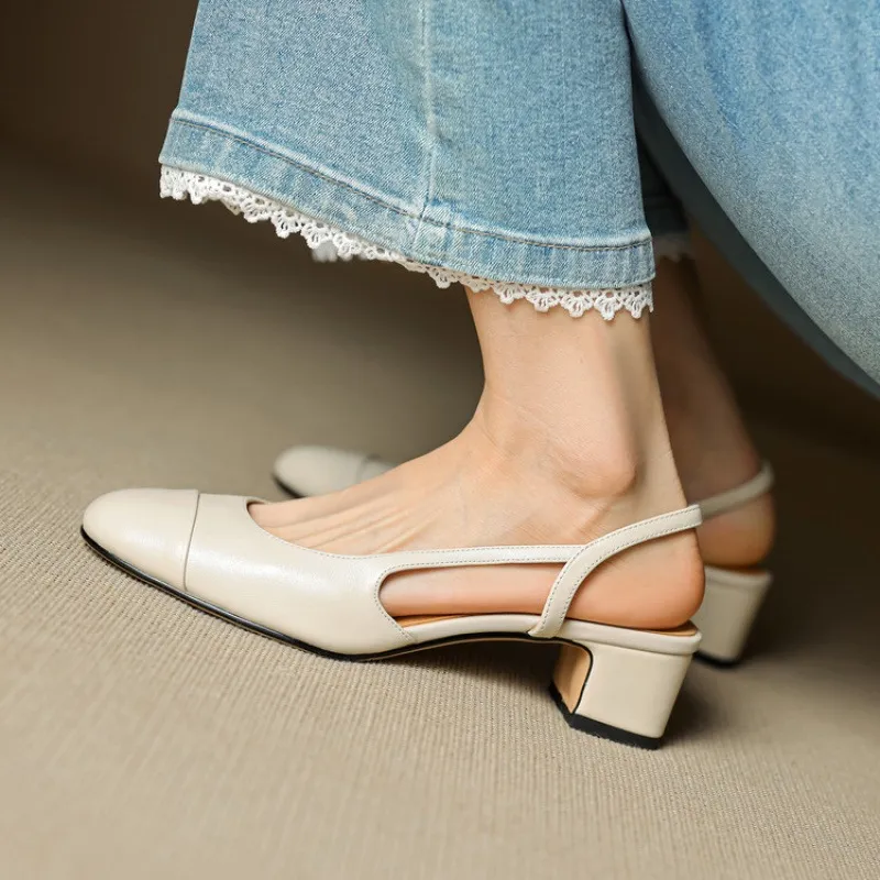 Summer sandals, round toe, chunky heel, mid-heel, closed toe, fashion leather women's shoes