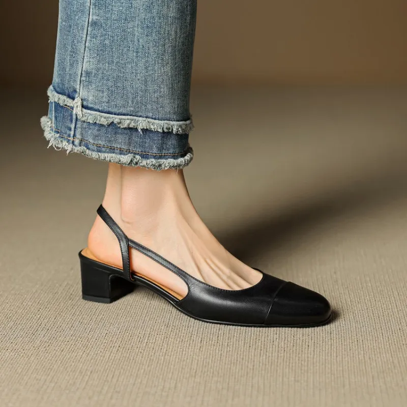 Summer sandals, round toe, chunky heel, mid-heel, closed toe, fashion leather women's shoes