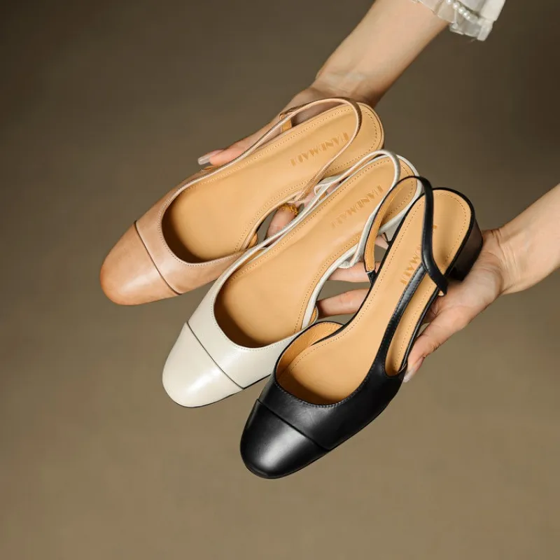 Summer sandals, round toe, chunky heel, mid-heel, closed toe, fashion leather women's shoes