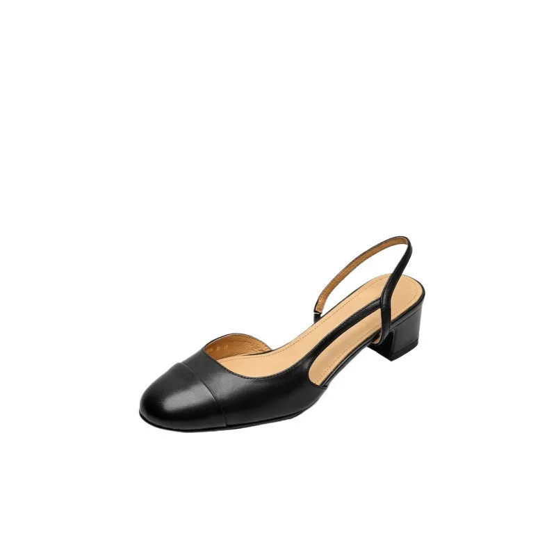 Summer sandals, round toe, chunky heel, mid-heel, closed toe, fashion leather women's shoes