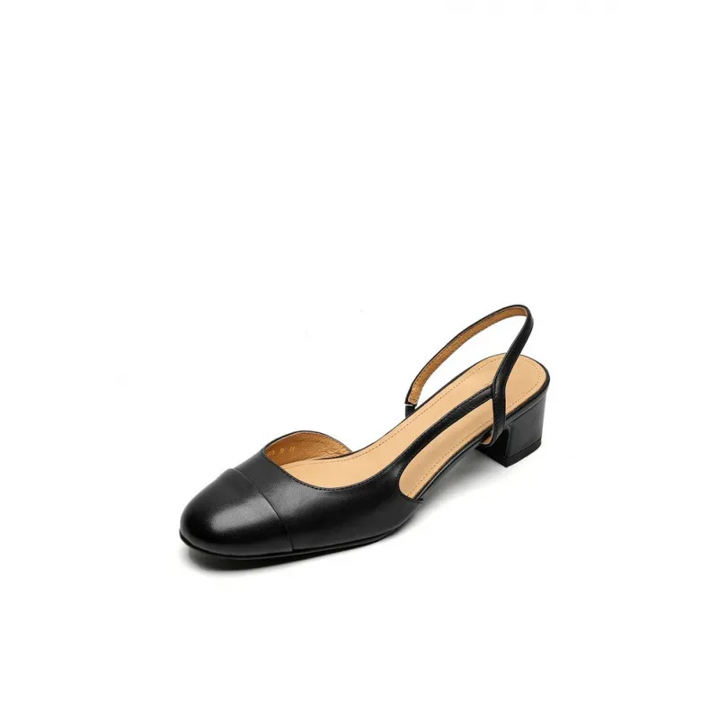 Summer sandals, round toe, chunky heel, mid-heel, closed toe, fashion leather women's shoes