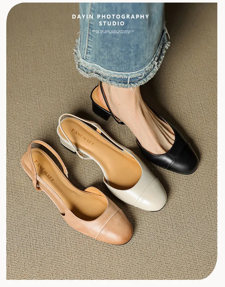 Summer sandals, round toe, chunky heel, mid-heel, closed toe, fashion leather women's shoes