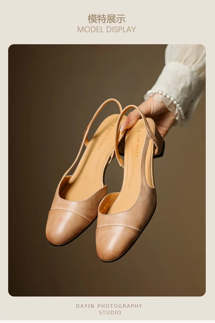 Summer sandals, round toe, chunky heel, mid-heel, closed toe, fashion leather women's shoes