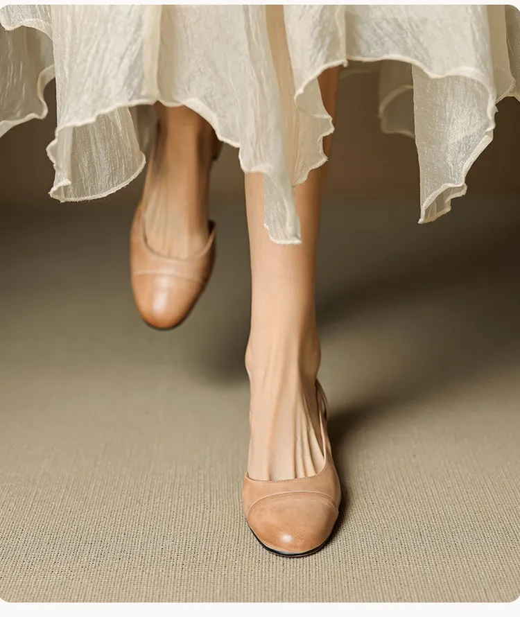 Summer sandals, round toe, chunky heel, mid-heel, closed toe, fashion leather women's shoes