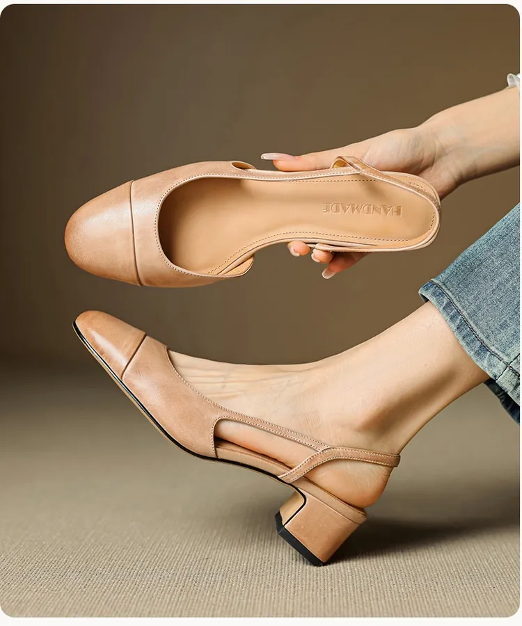 Summer sandals, round toe, chunky heel, mid-heel, closed toe, fashion leather women's shoes