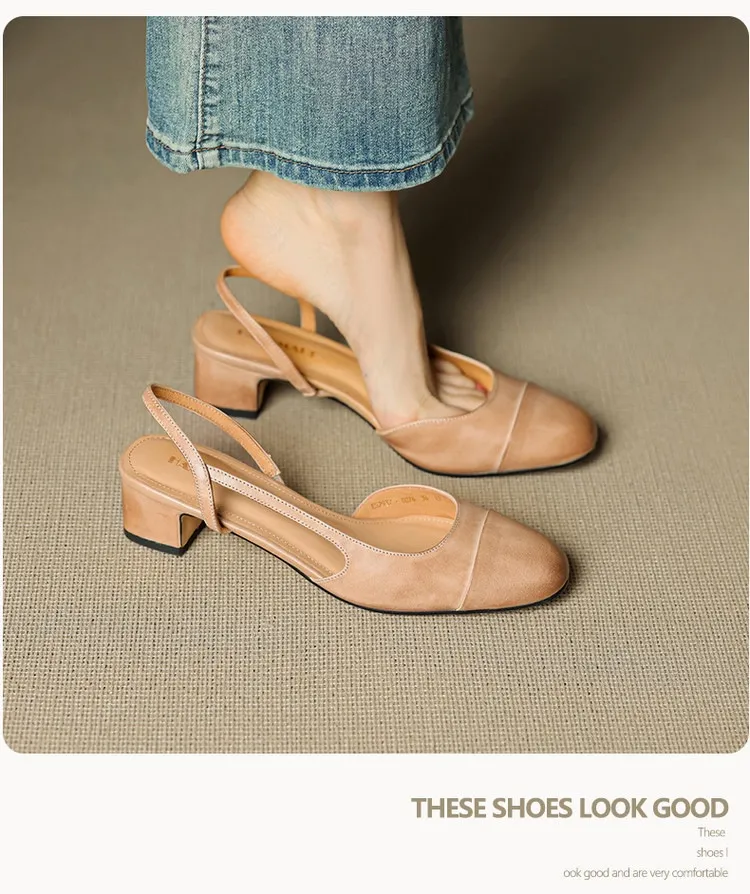 Summer sandals, round toe, chunky heel, mid-heel, closed toe, fashion leather women's shoes