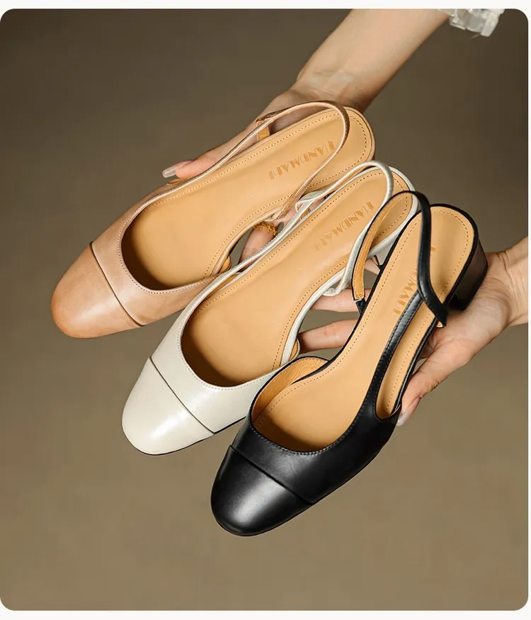 Summer sandals, round toe, chunky heel, mid-heel, closed toe, fashion leather women's shoes