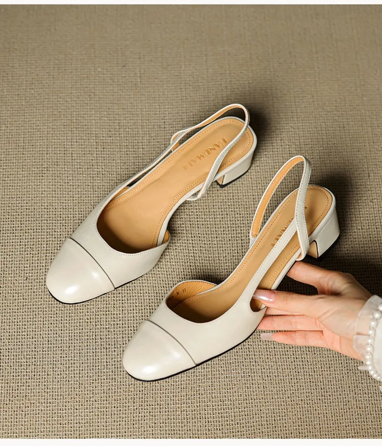 Summer sandals, round toe, chunky heel, mid-heel, closed toe, fashion leather women's shoes