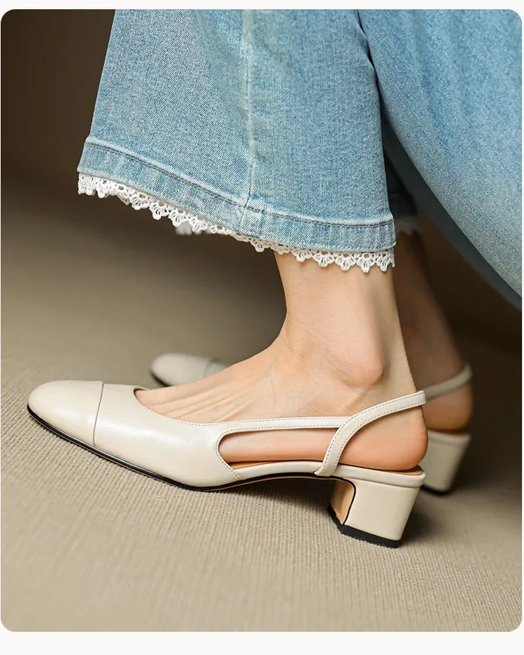 Summer sandals, round toe, chunky heel, mid-heel, closed toe, fashion leather women's shoes