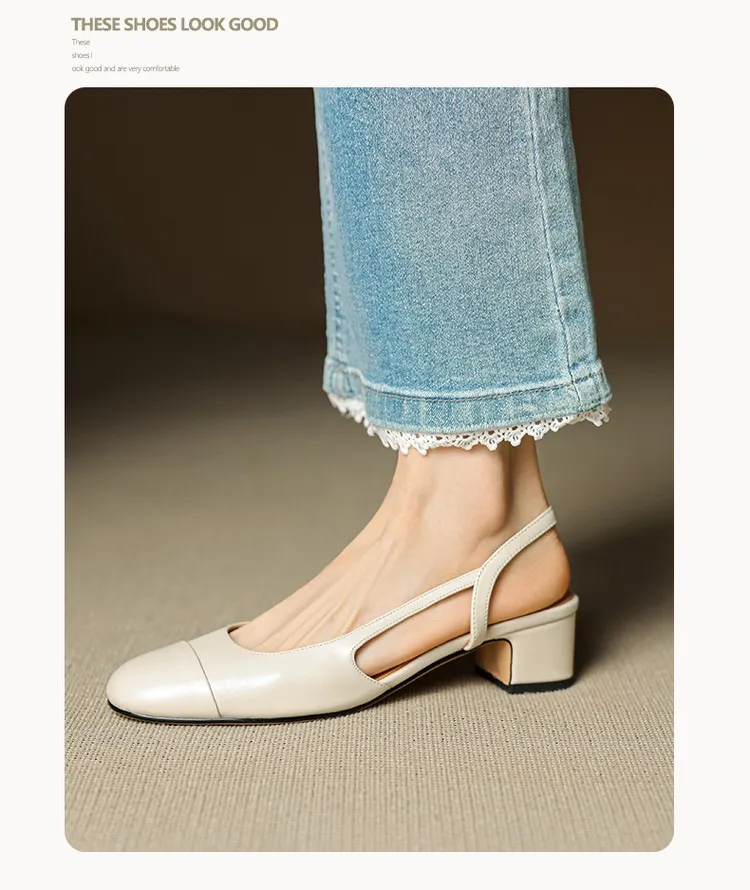 Summer sandals, round toe, chunky heel, mid-heel, closed toe, fashion leather women's shoes