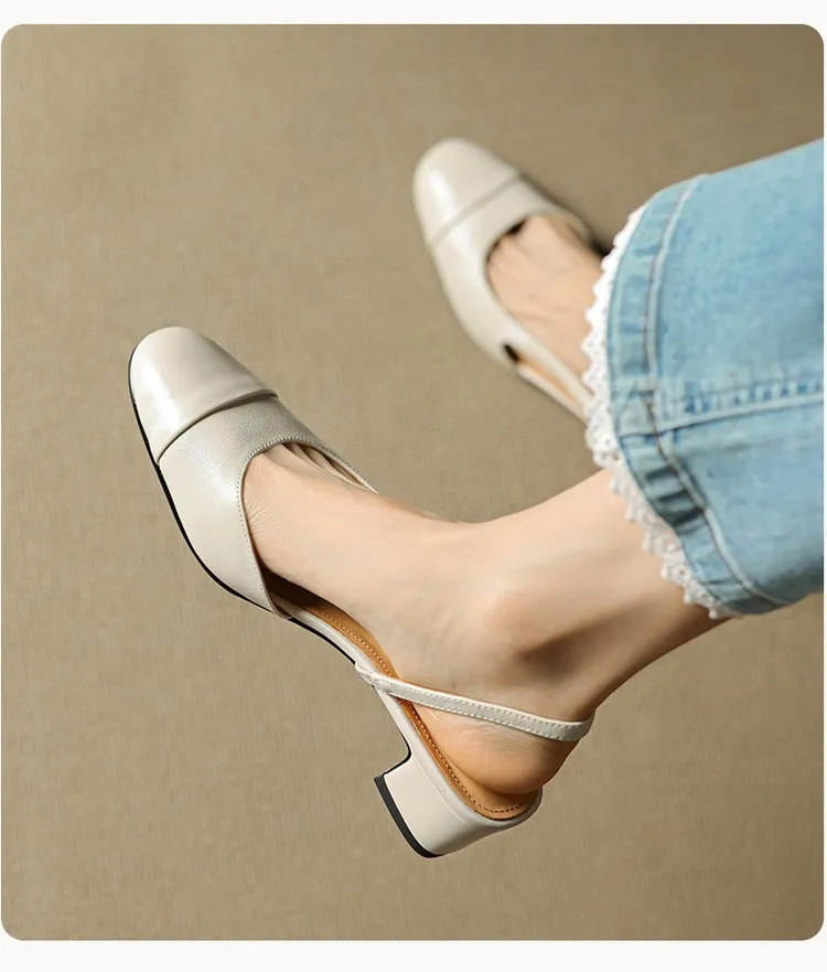 Summer sandals, round toe, chunky heel, mid-heel, closed toe, fashion leather women's shoes