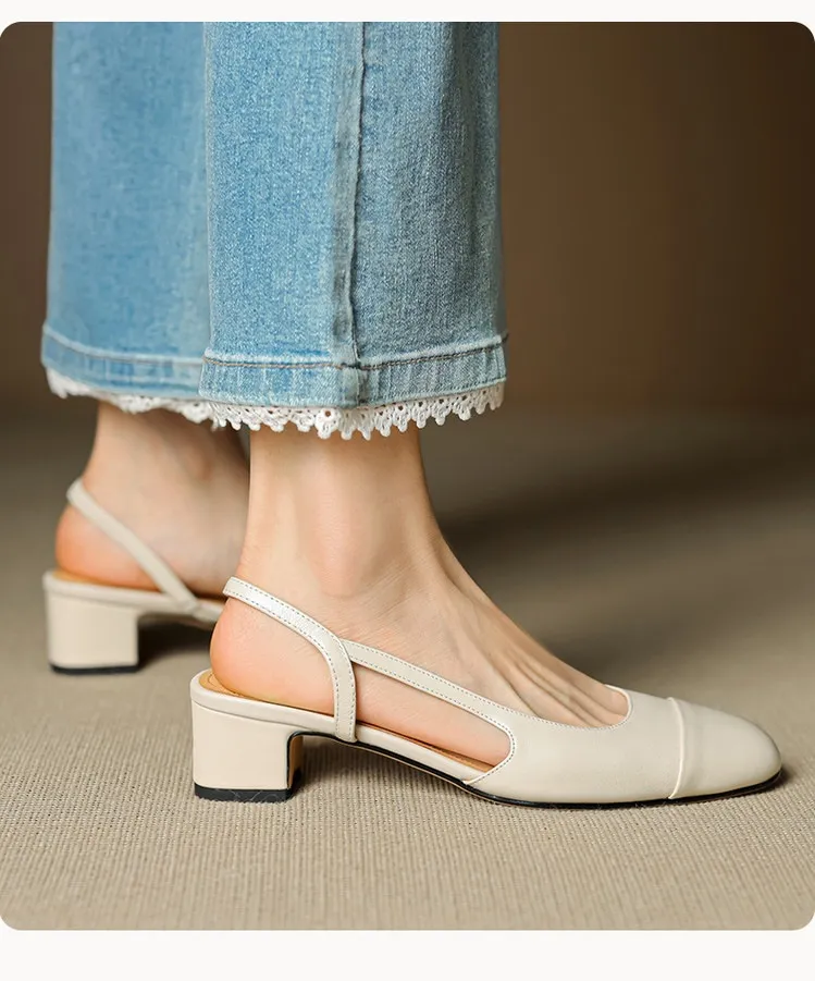 Summer sandals, round toe, chunky heel, mid-heel, closed toe, fashion leather women's shoes