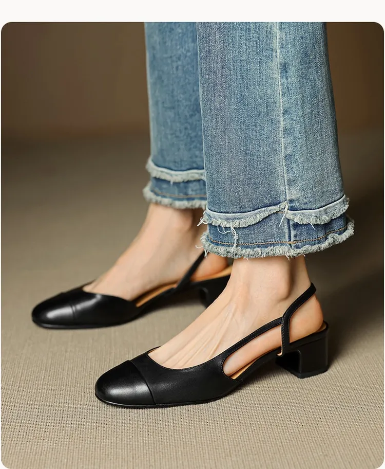 Summer sandals, round toe, chunky heel, mid-heel, closed toe, fashion leather women's shoes