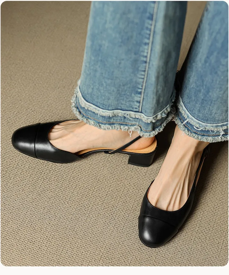 Summer sandals, round toe, chunky heel, mid-heel, closed toe, fashion leather women's shoes