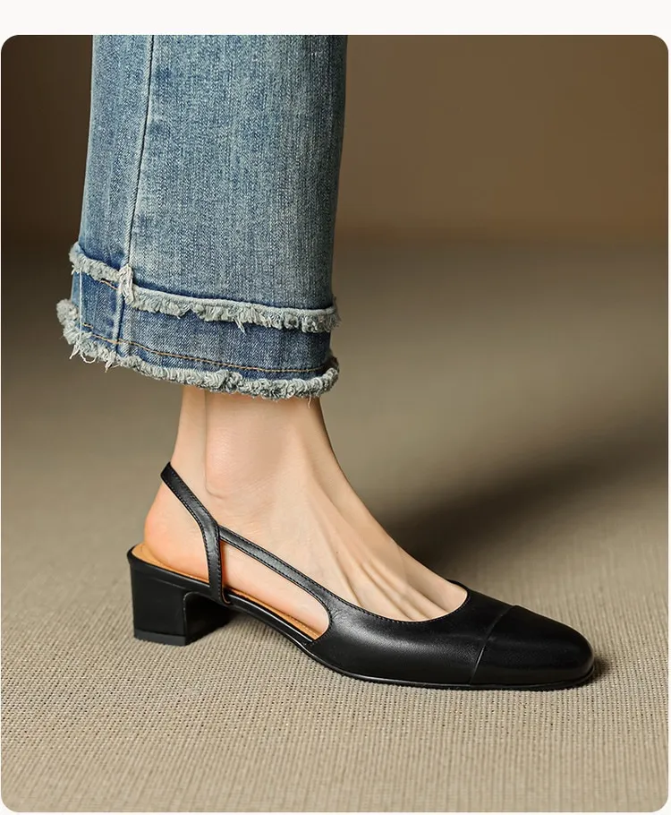 Summer sandals, round toe, chunky heel, mid-heel, closed toe, fashion leather women's shoes