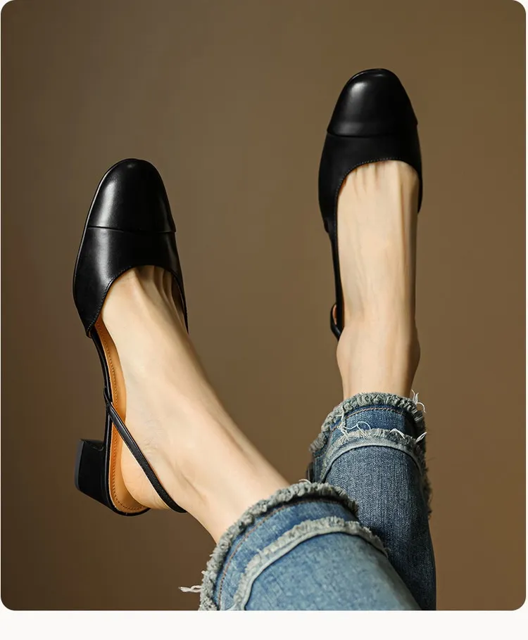 Summer sandals, round toe, chunky heel, mid-heel, closed toe, fashion leather women's shoes