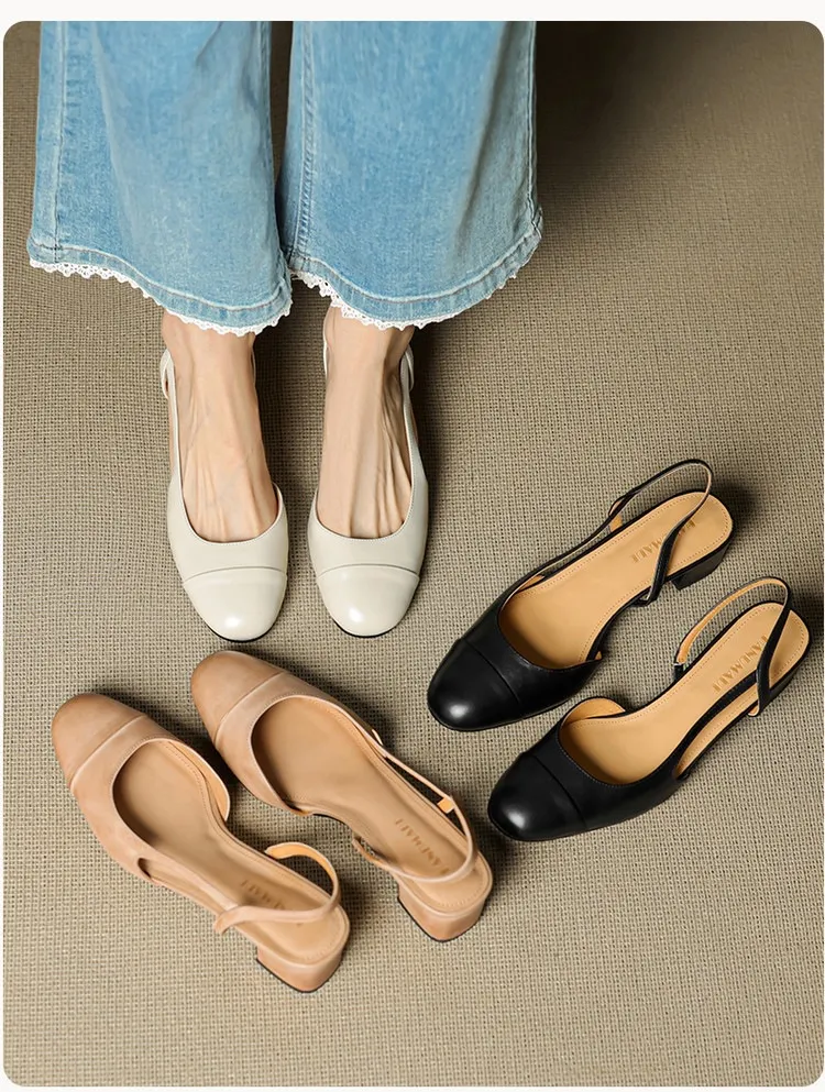 Summer sandals, round toe, chunky heel, mid-heel, closed toe, fashion leather women's shoes