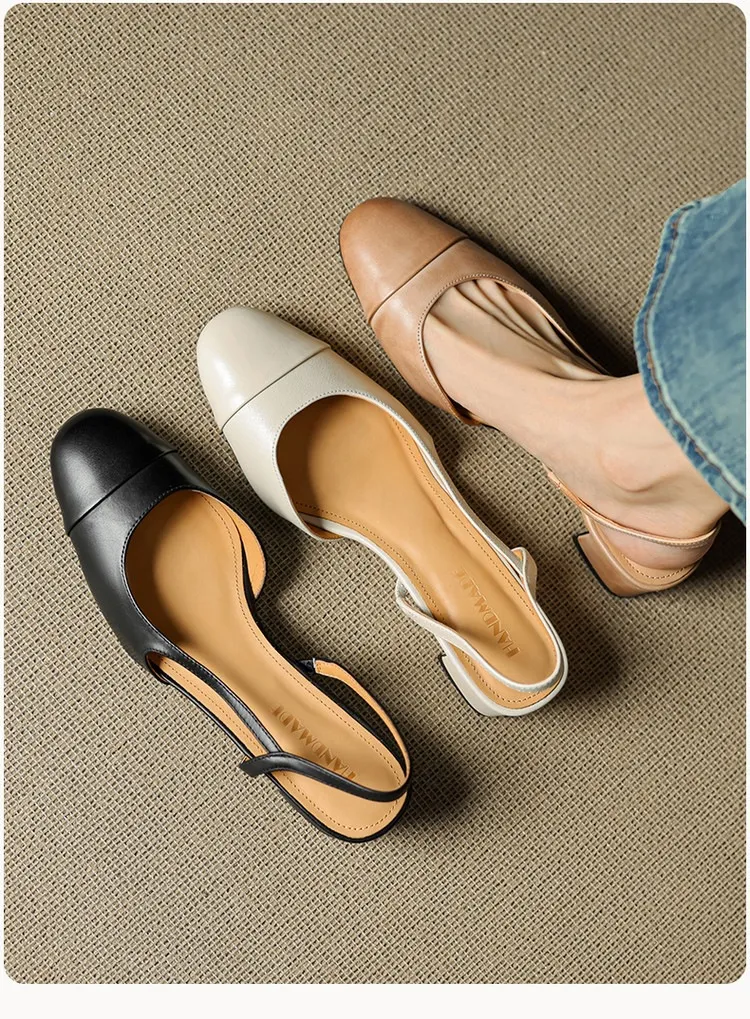 Summer sandals, round toe, chunky heel, mid-heel, closed toe, fashion leather women's shoes