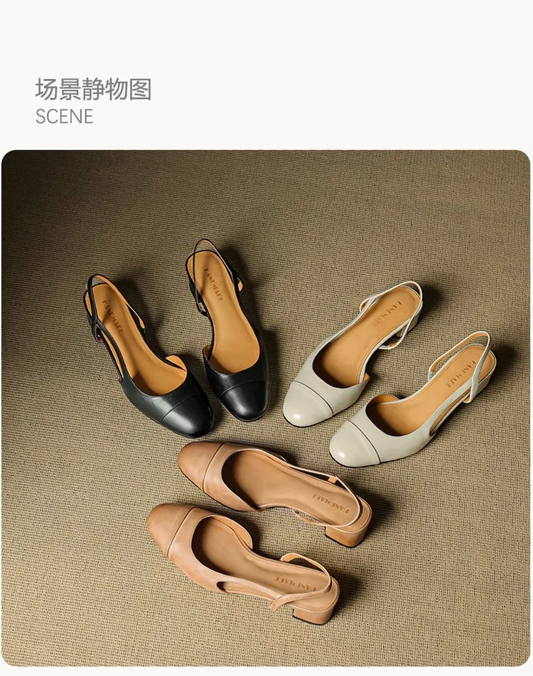Summer sandals, round toe, chunky heel, mid-heel, closed toe, fashion leather women's shoes