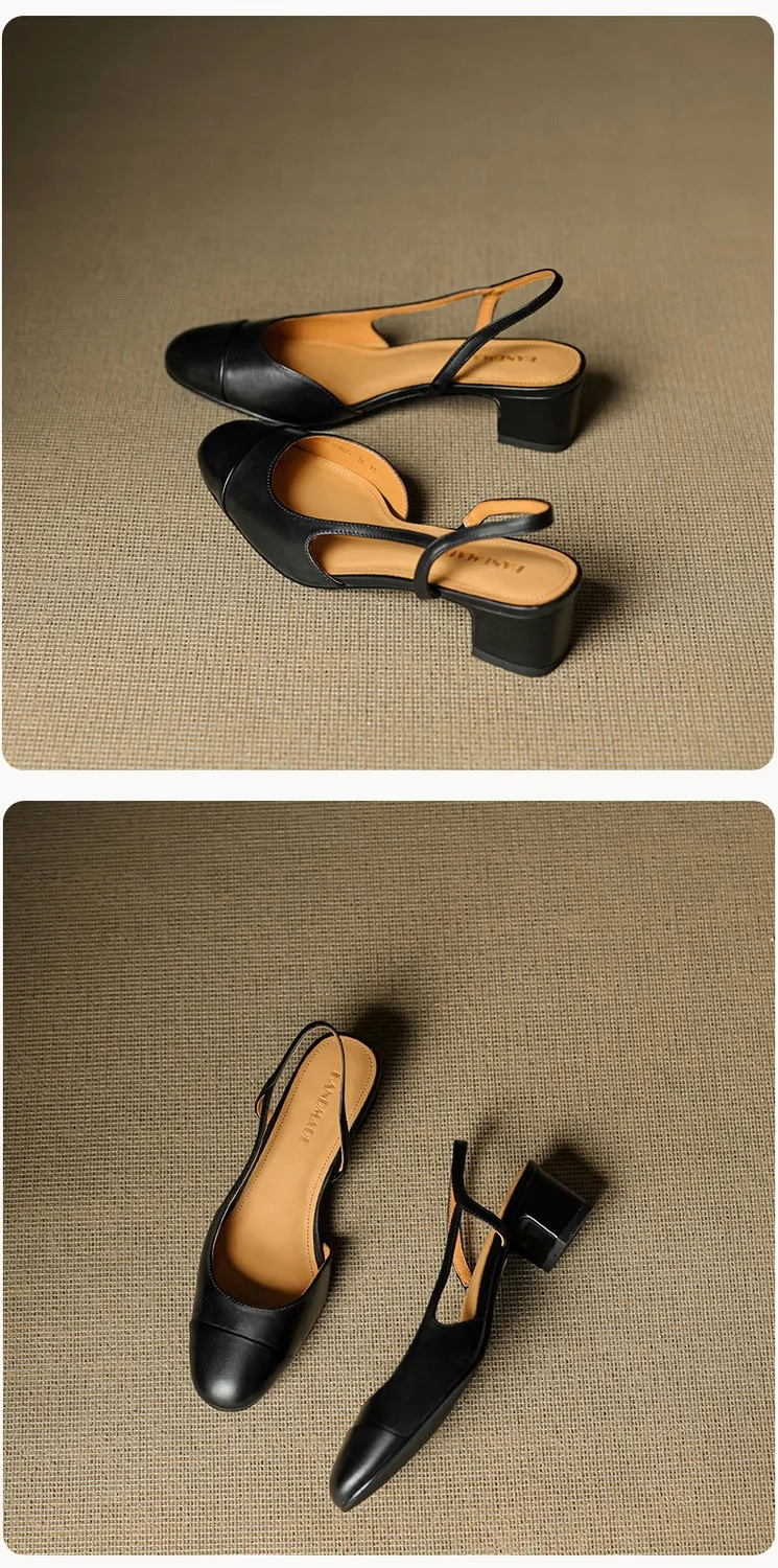 Summer sandals, round toe, chunky heel, mid-heel, closed toe, fashion leather women's shoes