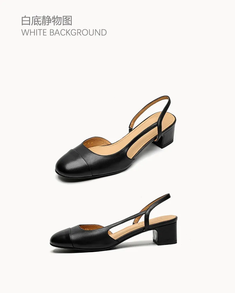 Summer sandals, round toe, chunky heel, mid-heel, closed toe, fashion leather women's shoes