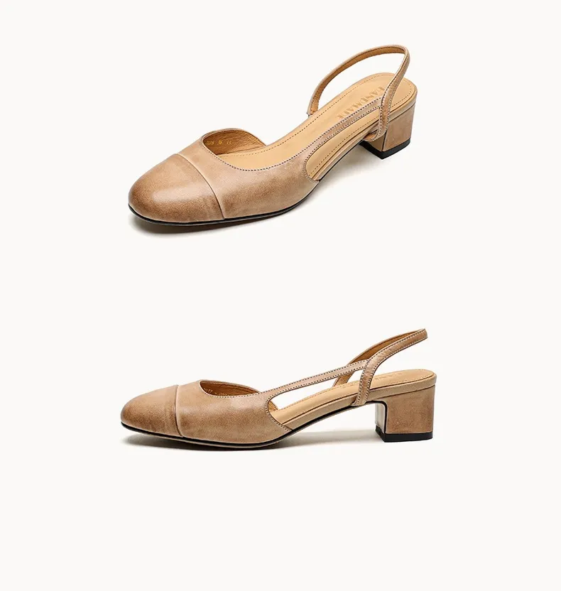 Summer sandals, round toe, chunky heel, mid-heel, closed toe, fashion leather women's shoes