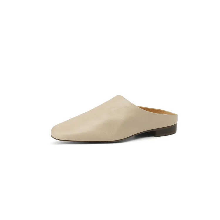 Women's soft leather closed-toe slip-on mules, summer outerwear sheepskin sandals, square toe, flat sole, slip-on style.