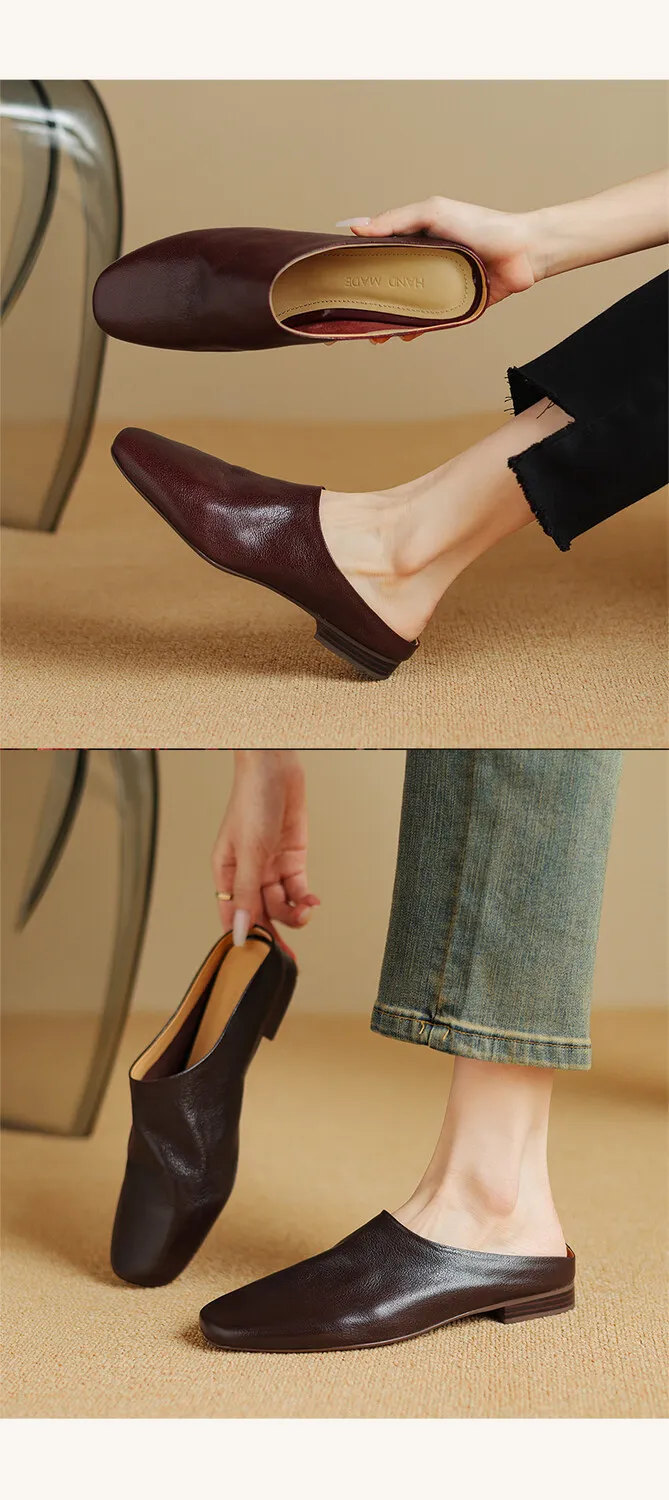 Women's soft leather closed-toe slip-on mules, summer outerwear sheepskin sandals, square toe, flat sole, slip-on style.