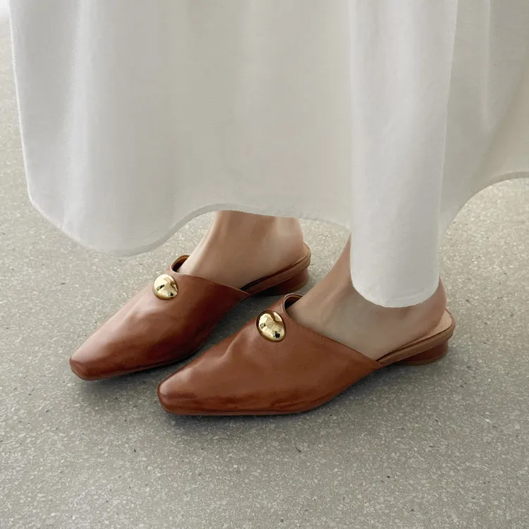 Summer slippers, square toe, closed toe, chunky heel, low heel, fashion women's shoes, 3-30i, genuine leather slippers.