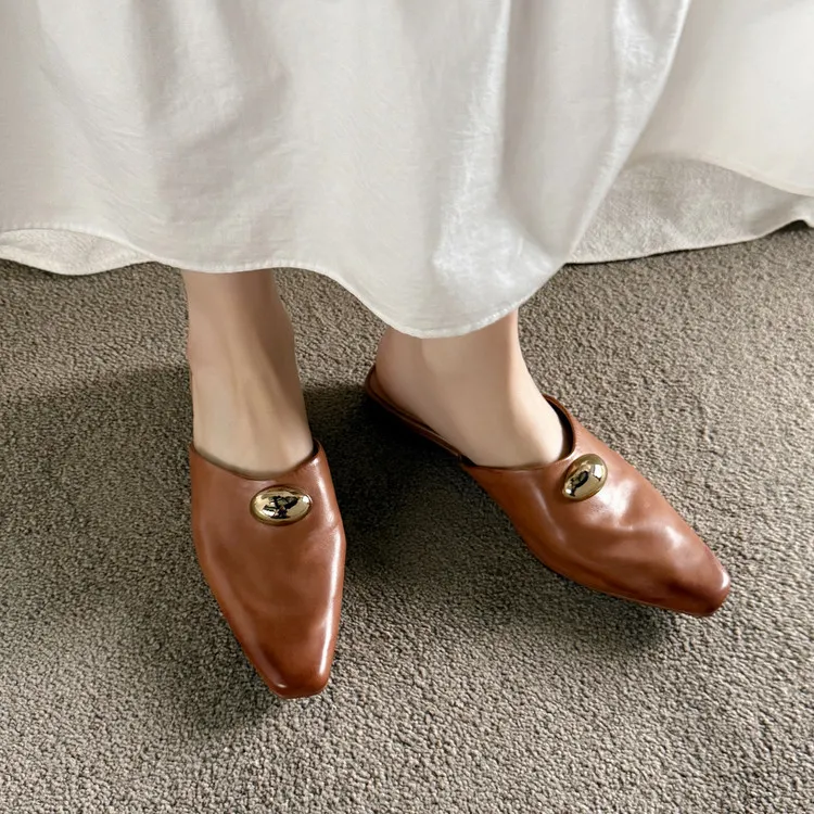 Summer slippers, square toe, closed toe, chunky heel, low heel, fashion women's shoes, 3-30i, genuine leather slippers.