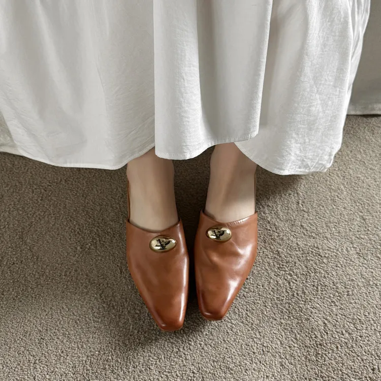 Summer slippers, square toe, closed toe, chunky heel, low heel, fashion women's shoes, 3-30i, genuine leather slippers.