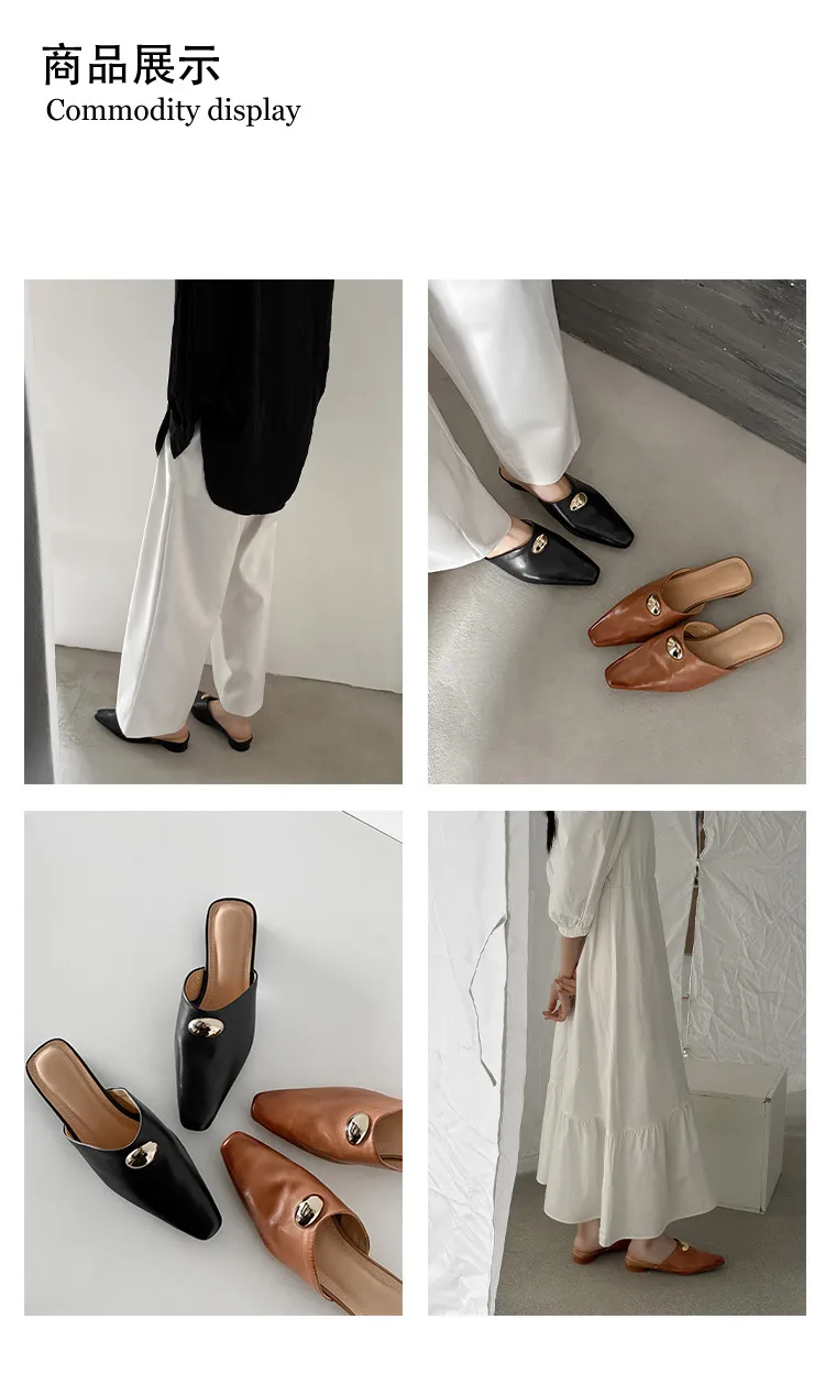 Summer slippers, square toe, closed toe, chunky heel, low heel, fashion women's shoes, 3-30i, genuine leather slippers.