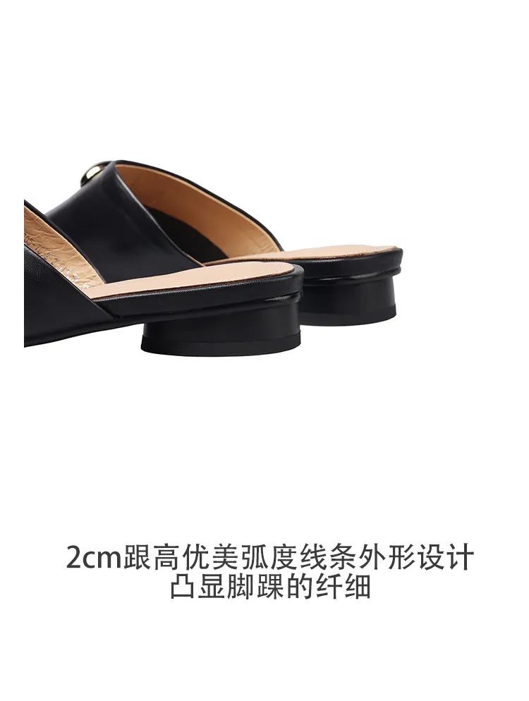 Summer slippers, square toe, closed toe, chunky heel, low heel, fashion women's shoes, 3-30i, genuine leather slippers.