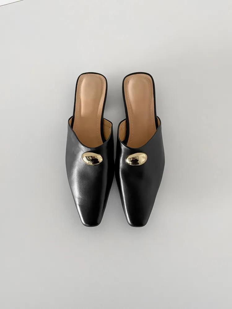 Summer slippers, square toe, closed toe, chunky heel, low heel, fashion women's shoes, 3-30i, genuine leather slippers.