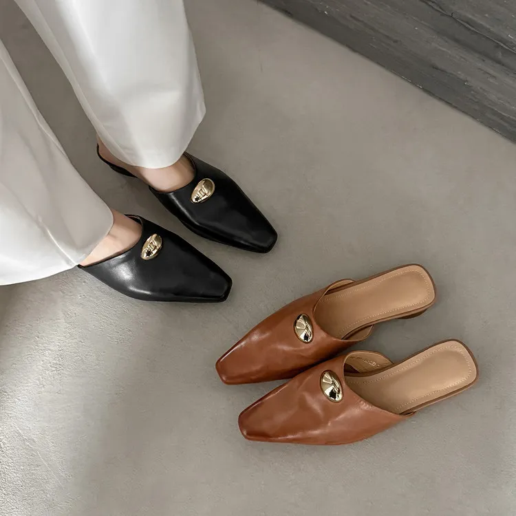 Summer slippers, square toe, closed toe, chunky heel, low heel, fashion women's shoes, 3-30i, genuine leather slippers.