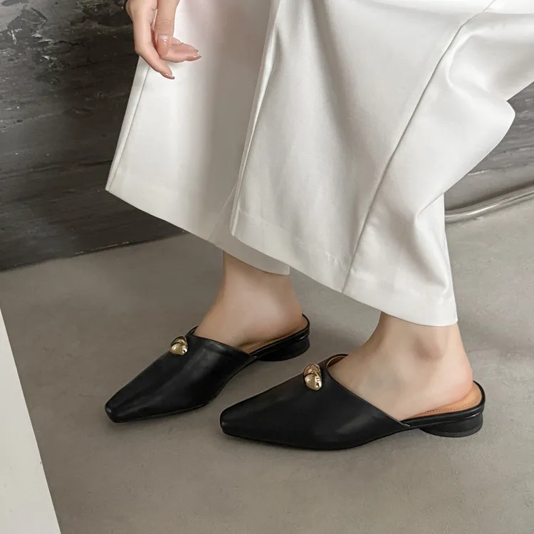 Summer slippers, square toe, closed toe, chunky heel, low heel, fashion women's shoes, 3-30i, genuine leather slippers.