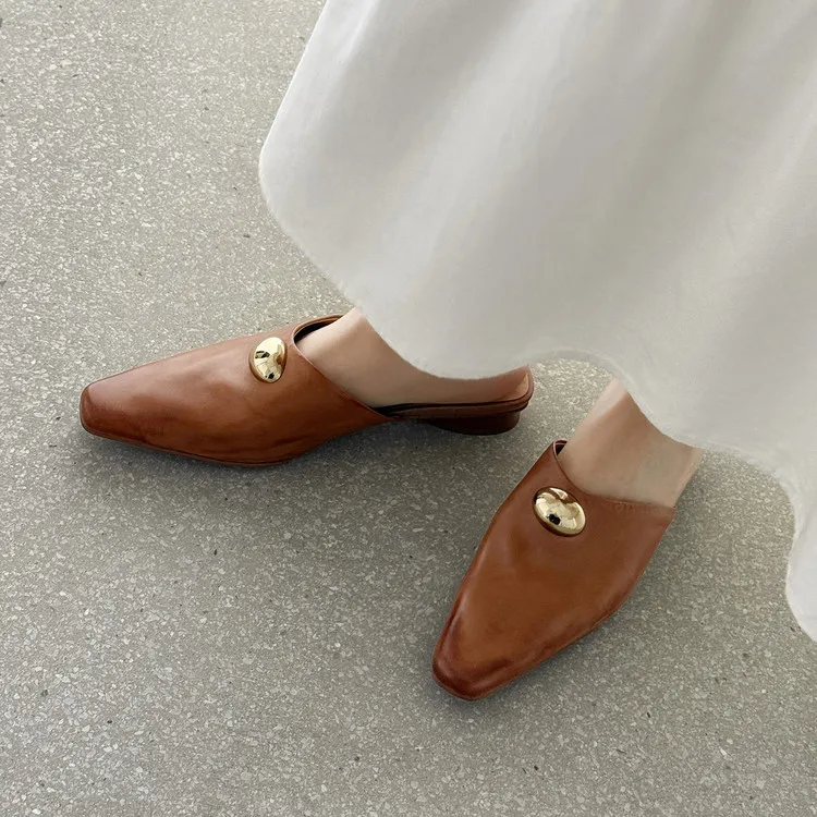 Summer slippers, square toe, closed toe, chunky heel, low heel, fashion women's shoes, 3-30i, genuine leather slippers.