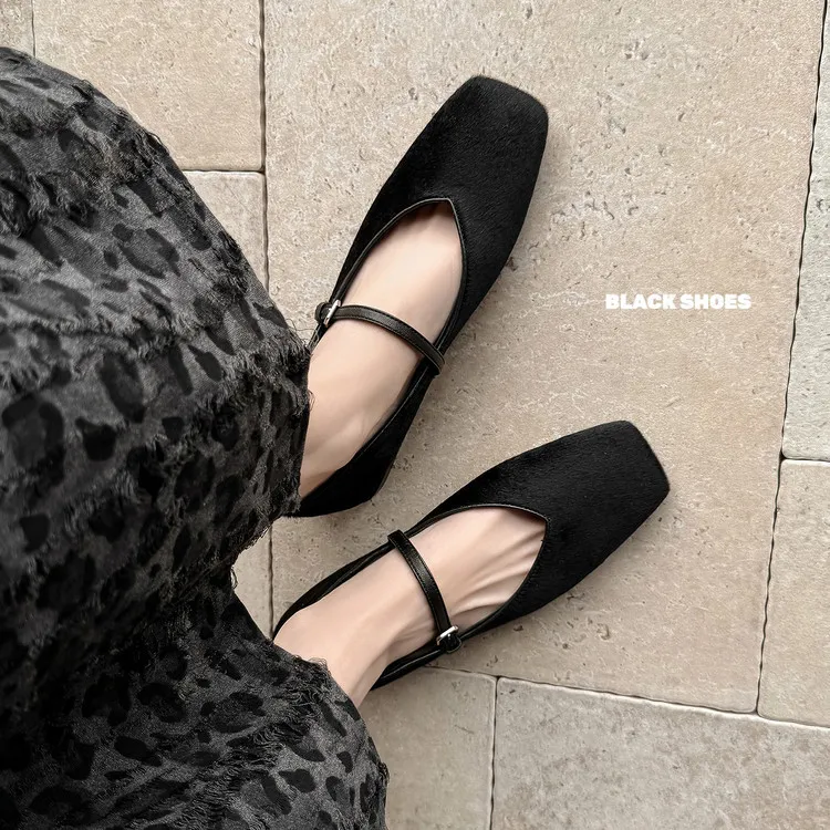 Spring single shoes, square toe, low heel, buckle, fashion color-block women's shoes, 3-25v