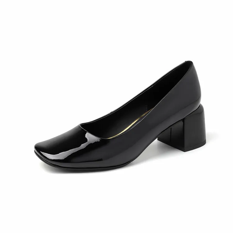 Spring single shoes, square toe, chunky heel, slip-on cowhide fashion women's shoes, size 3-25u