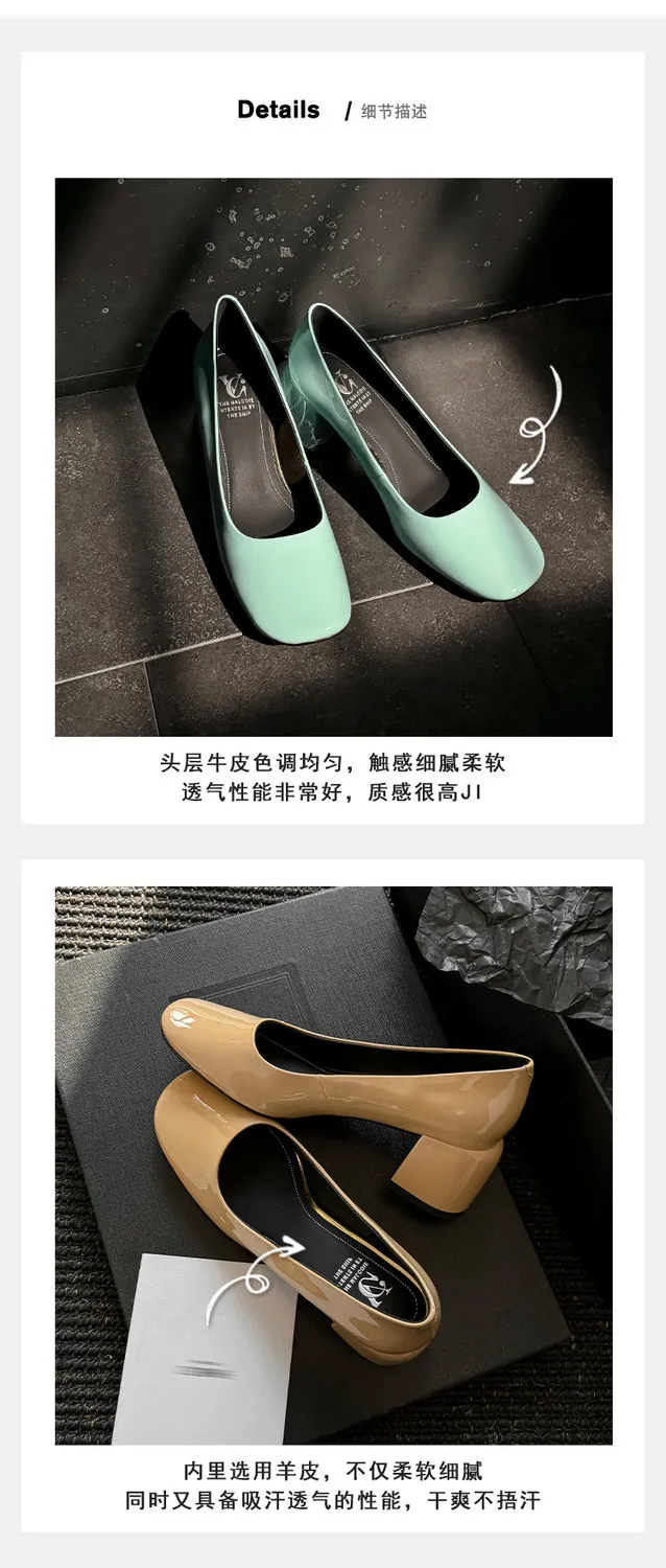 Spring single shoes, square toe, chunky heel, slip-on cowhide fashion women's shoes, size 3-25u