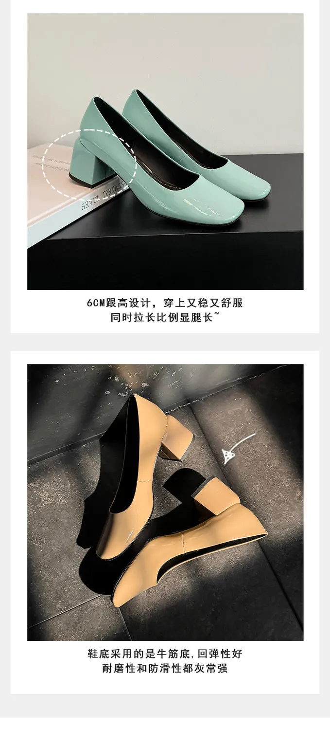 Spring single shoes, square toe, chunky heel, slip-on cowhide fashion women's shoes, size 3-25u